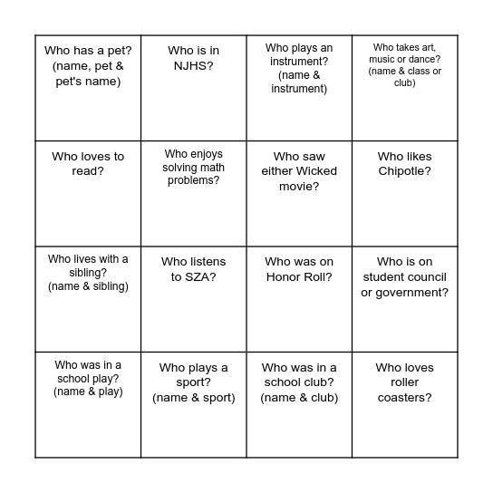 SEEDS Bingo Card