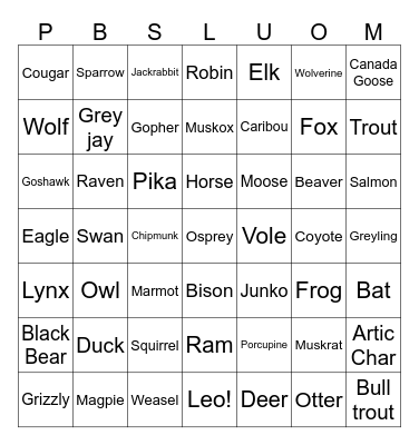 Animal Bingo Card
