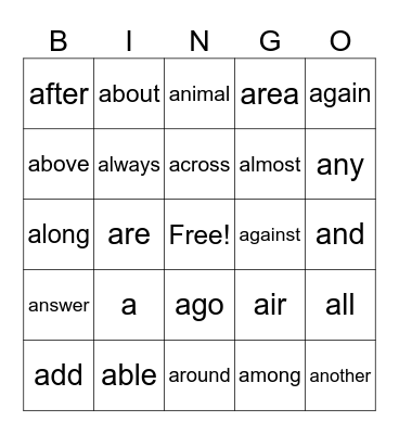 vocabulary Bingo Card