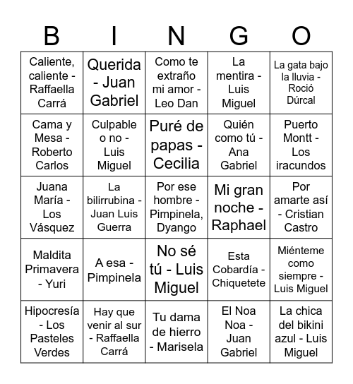Bingo Musical Bingo Card