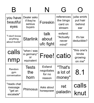 Truck Shopping Stream Bingo Card