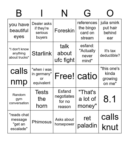 Truck Shopping Stream Bingo Card