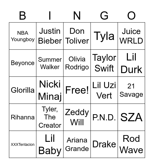 Music Bingo Card