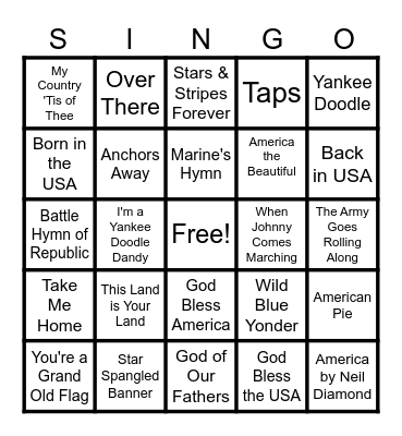 Patriotic July 4th Songs for Bingo Card