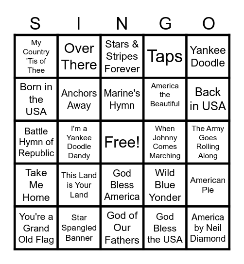 Patriotic July 4th Songs for Bingo Card