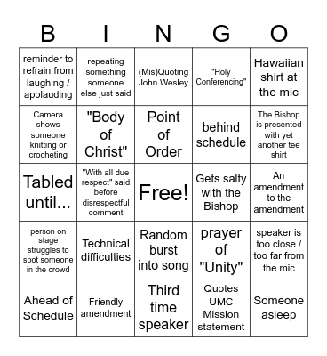 UMCSC Annual Conference Bingo Card