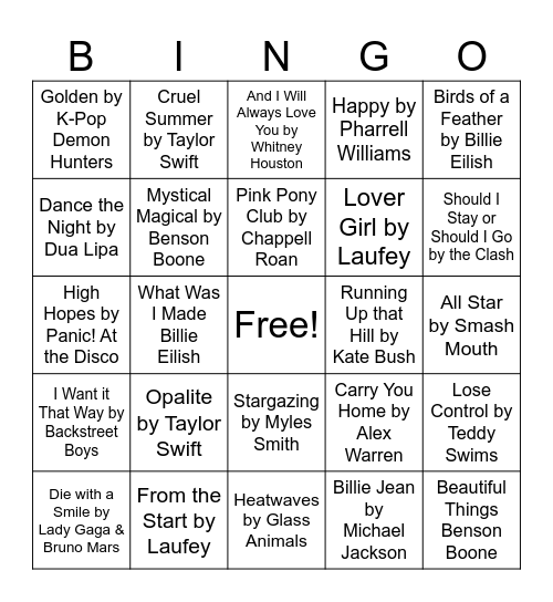 Playlist Bingo Card