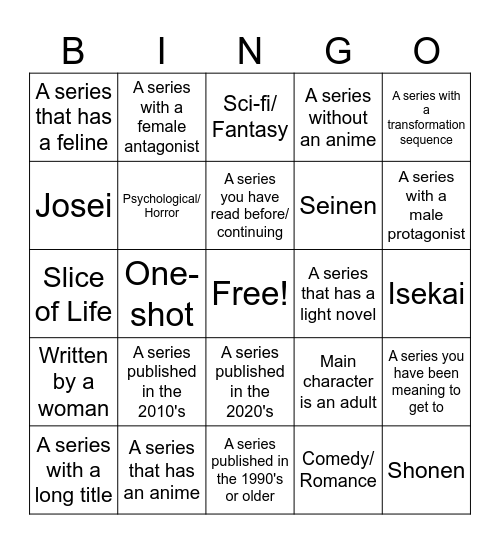 Manga Summer Reading 2026 Bingo Card