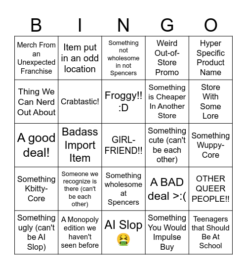 Mall Bingo Card