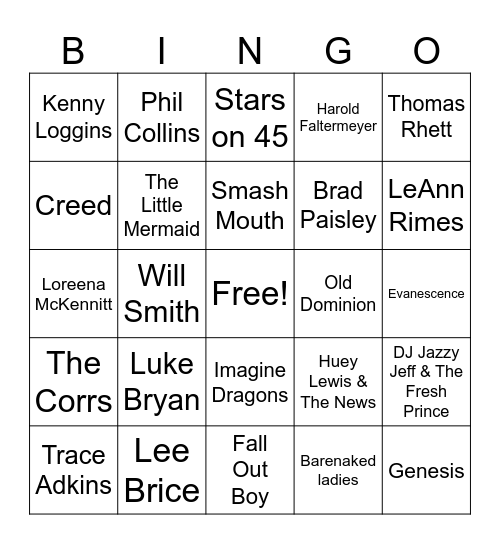 Sirius Favorites Bingo Card