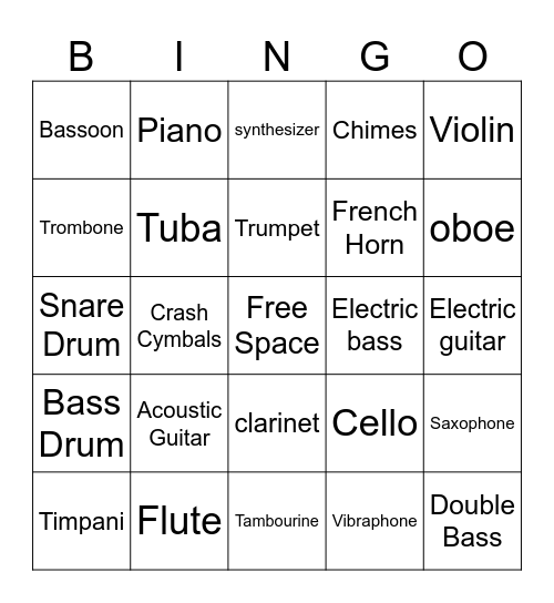 Musical Instrument Bingo Card