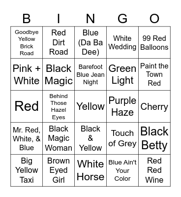 Songs ab. Color Music Bingo Card