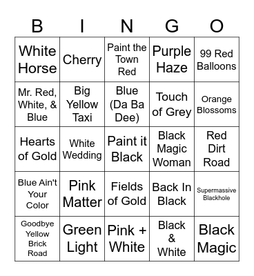 Songs About Color Bingo Card