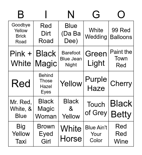 Songs ab. Color Music Bingo Card