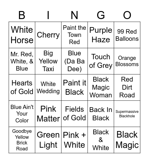 Songs About Color Bingo Card
