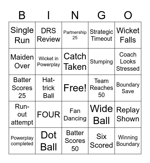 BINGO CARD 1 — Balanced Cricket Bingo Card