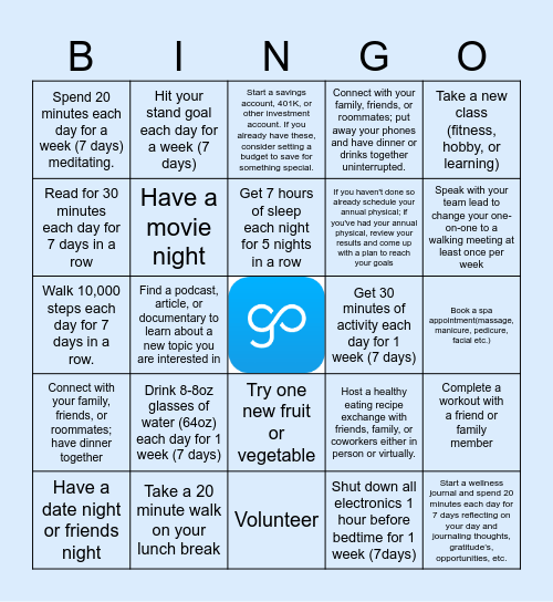 DMS Employee Wellness Bingo Card