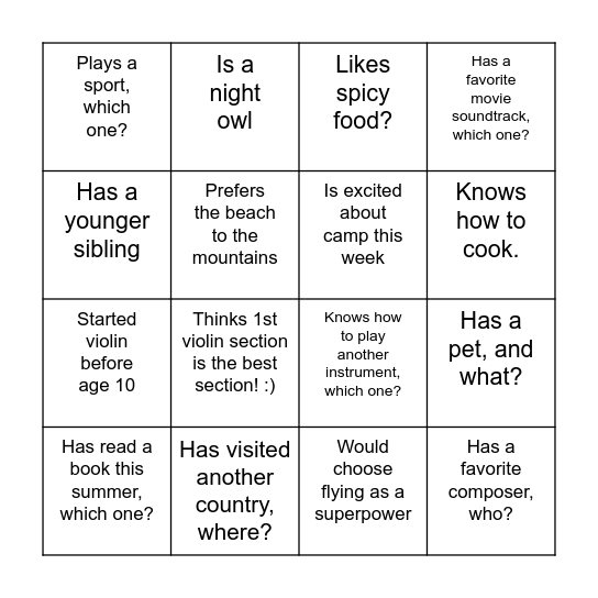 1st violin section bingo Card
