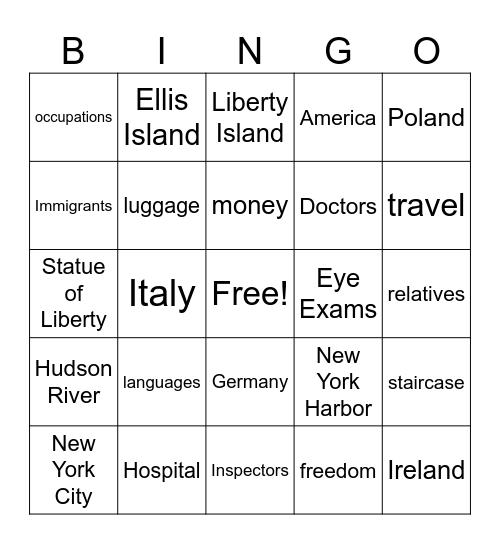 Ellis Island Bingo Card