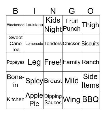 Popeyes Bingo Card