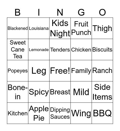 Popeyes Bingo Card