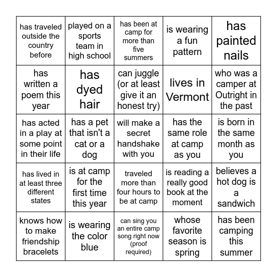 Get to know Camp Outright 15.0 volunteers! Find someone who... Bingo Card