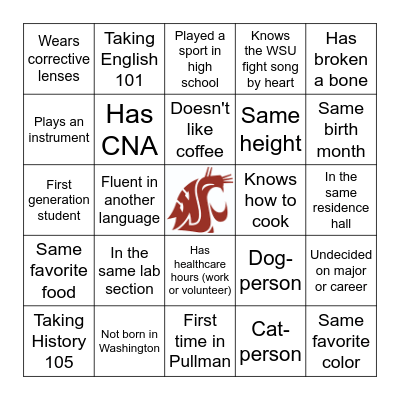 Pre-Health Student Bingo Card