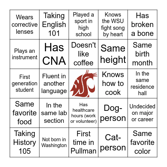 Pre-Health Student Bingo Card