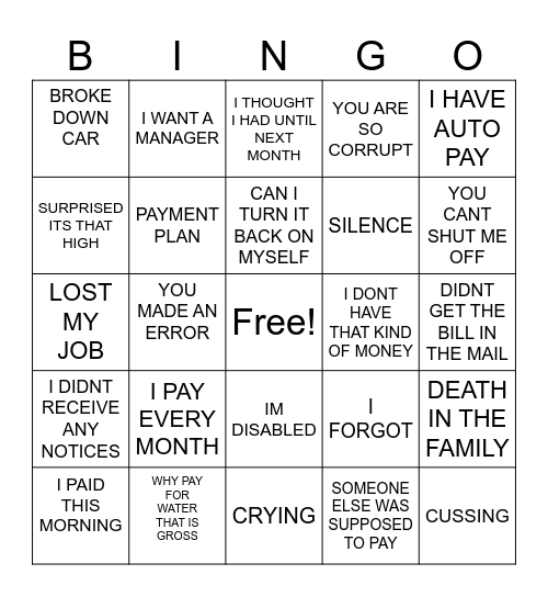 SHUT OFF BINGO Card