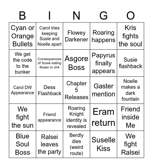 Deltarune Chapter 5 Bingo Card