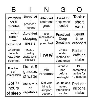 Physical Wellness Bingo Card