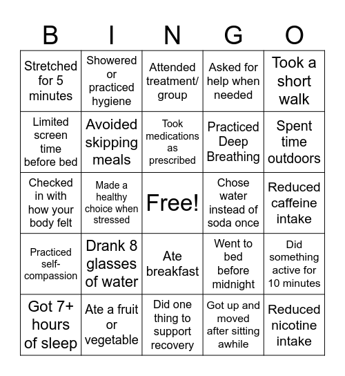 Physical Wellness Bingo Card