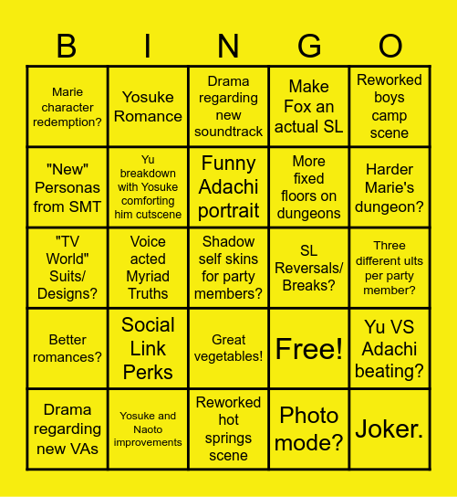 Persona 4 Revival Bingo Card