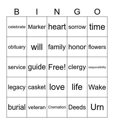 Sensible Funeral & Cremation Pre Planning Bingo Card