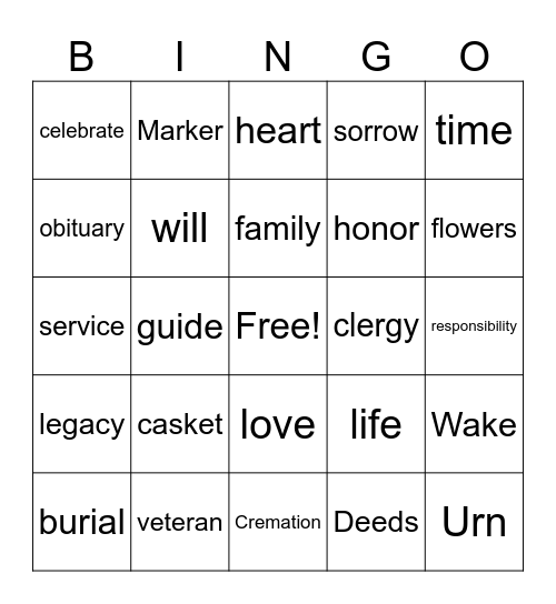 Sensible Funeral & Cremation Pre Planning Bingo Card