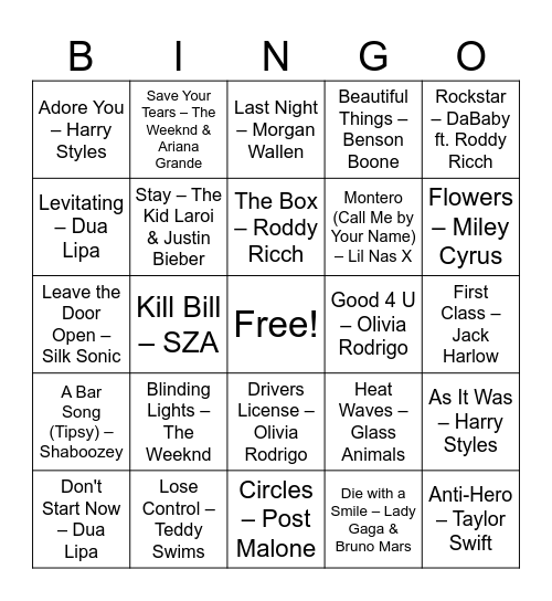 20's Bingo Card