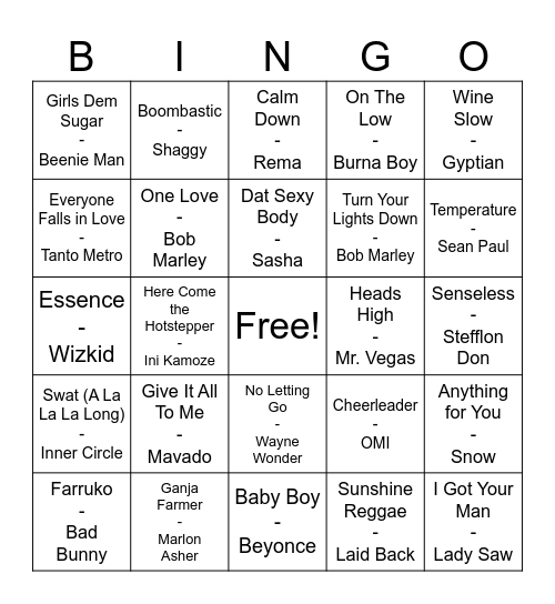 Reggae Mix Bingo Card