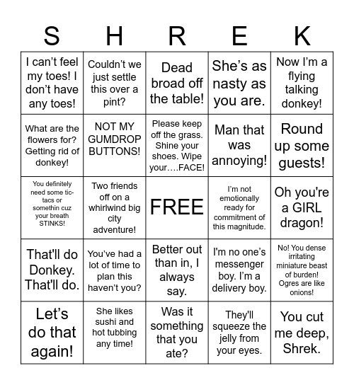 Shrek Bingo Card