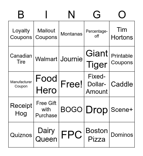 Couponing Bingo Card