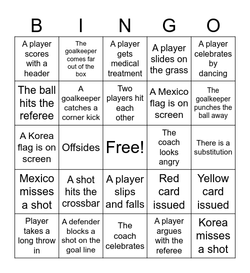 Mexico v Korea World Cup Bingo Card