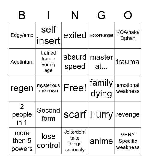Duelist Writing Bingo Card