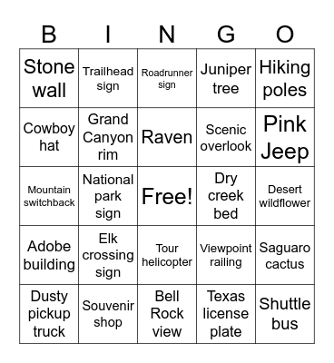 Scottsdale to Grand Canyon Bingo Card