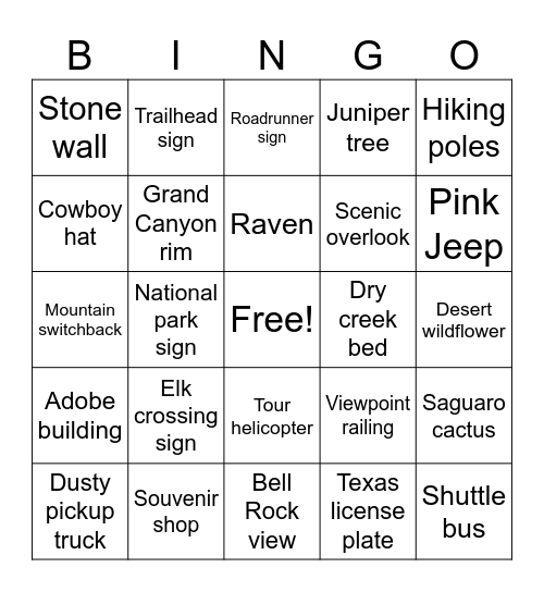 Scottsdale to Grand Canyon Bingo Card