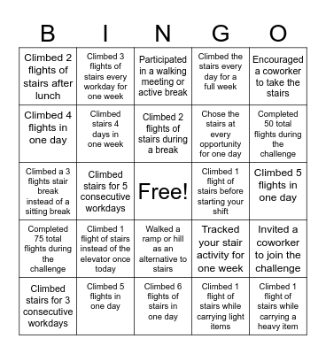 Climb Aboard the Stairs Challenge Bingo Card