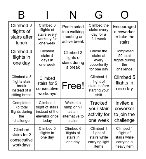 Climb Aboard the Stairs Challenge Bingo Card