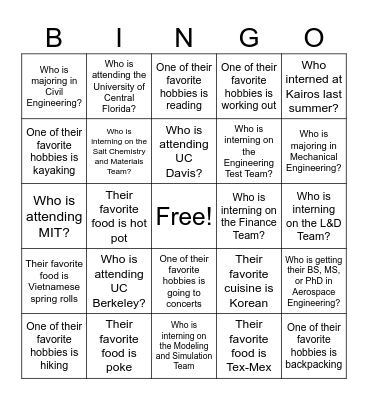 Intern Bingo Card