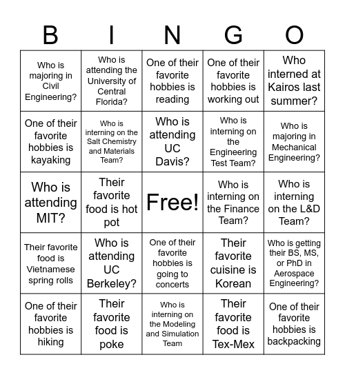 Intern Bingo Card