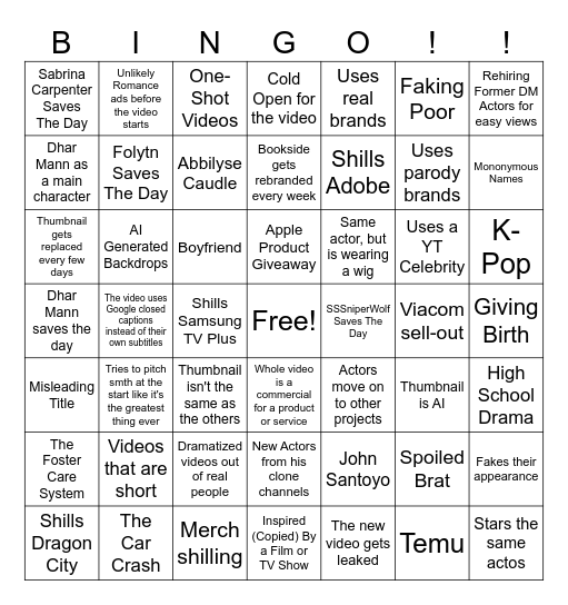 Dhar Mann Studios Bingo Card