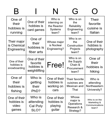 Intern Bingo Card