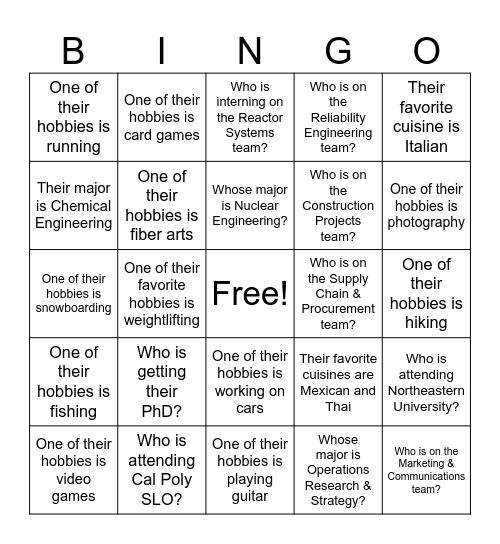 Intern Bingo Card
